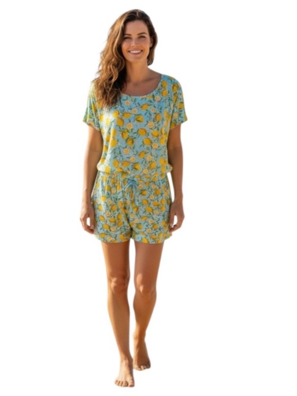 Alex's Lemonade Stand Aqua Romper with Lemon Print, elastic/tie waist. Size L